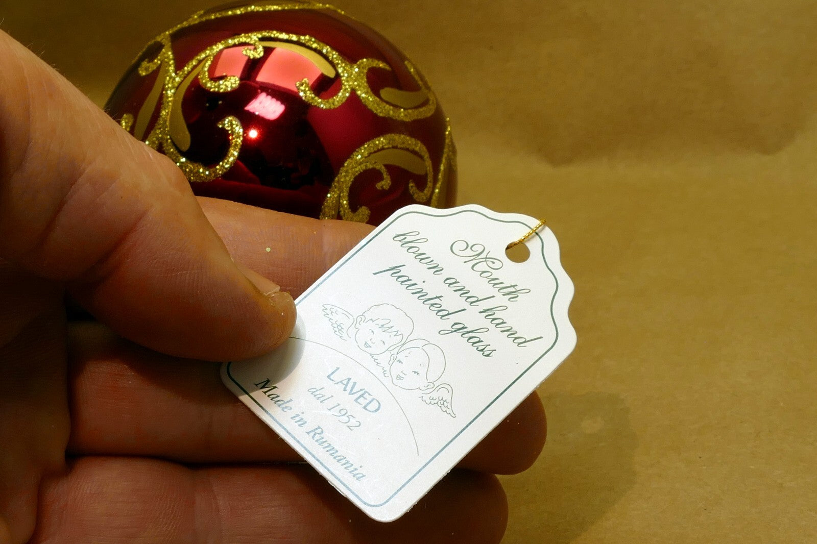 Mouth Blown Hand Painted RED Gold Glass Laved Christmas Ornament Romania