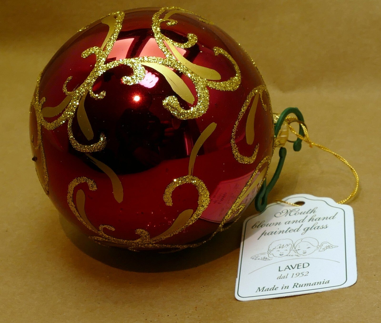 Mouth blown hand painted red gold glass laved christmas ornament romania