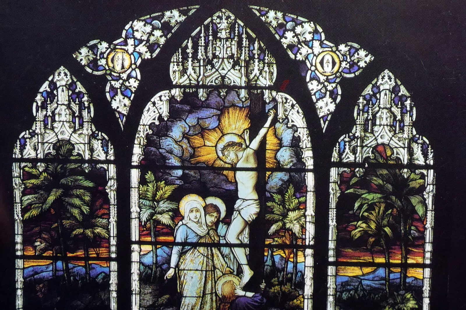 Crucifixion window chapel divine love mercy center postcard unposted