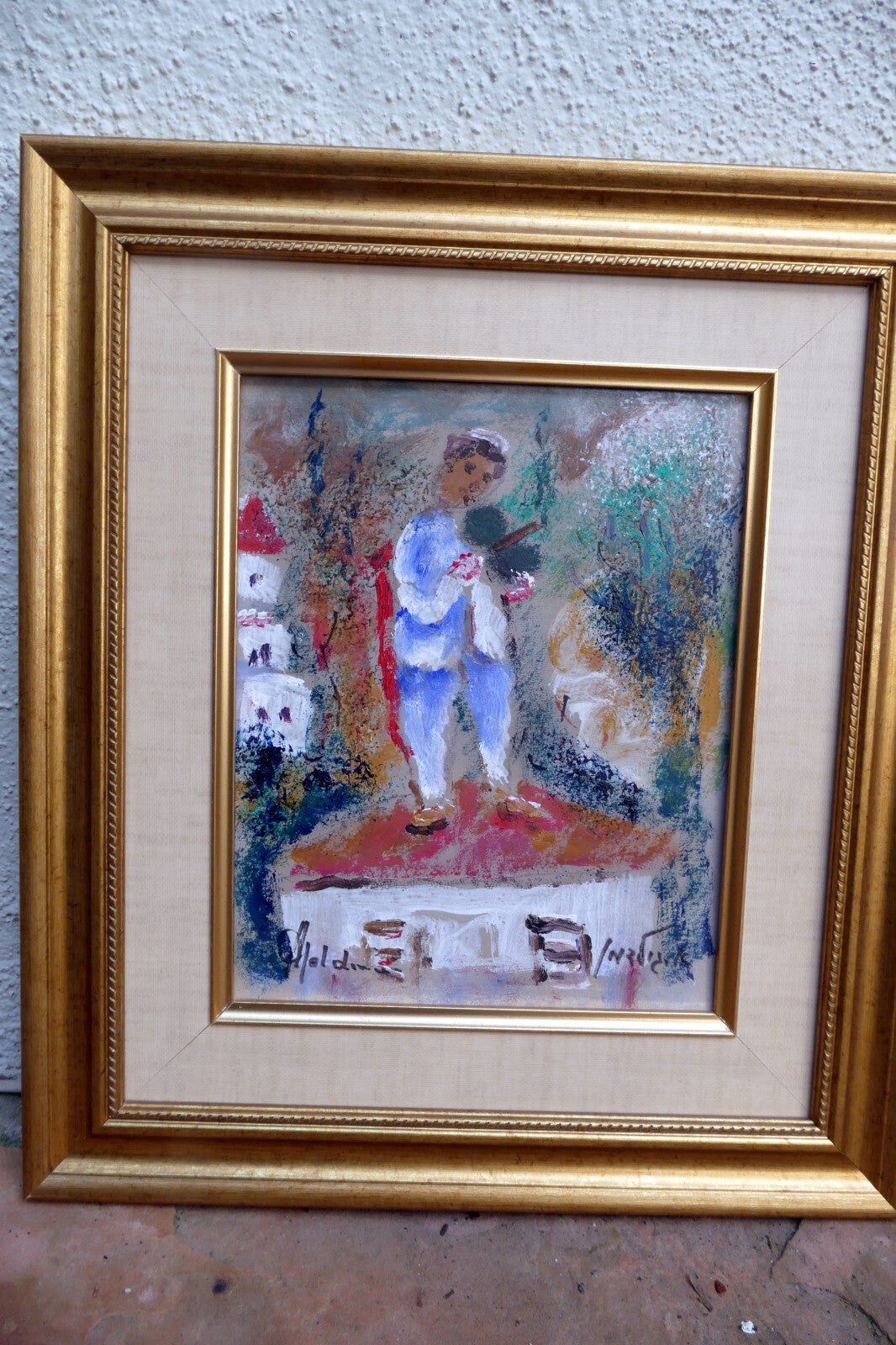 Albert Goldman signed Fiddler on the Roof 8X10" framed Oil Painting Israel
