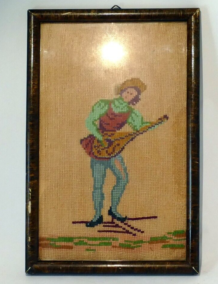 5x7" vintage man playing guitar finished & framed needlepoint