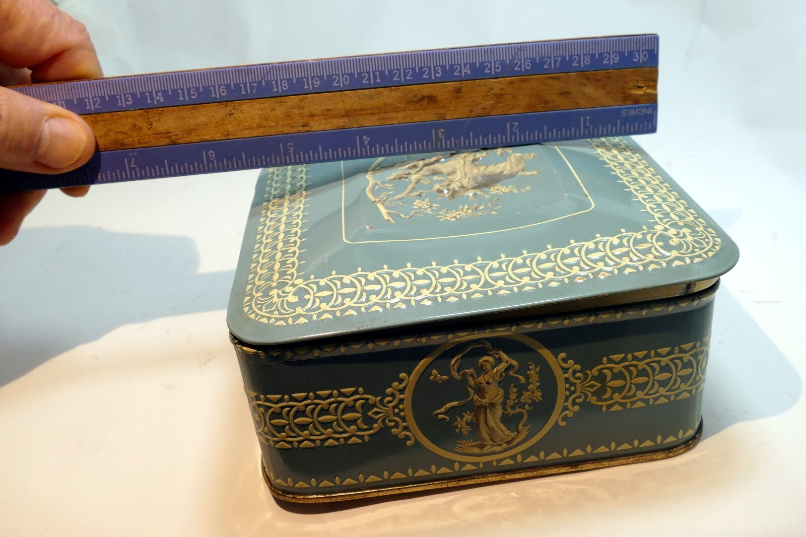 Wedgewood-Style Candy Tin Made in Holland blue teal white  girl with cherubs