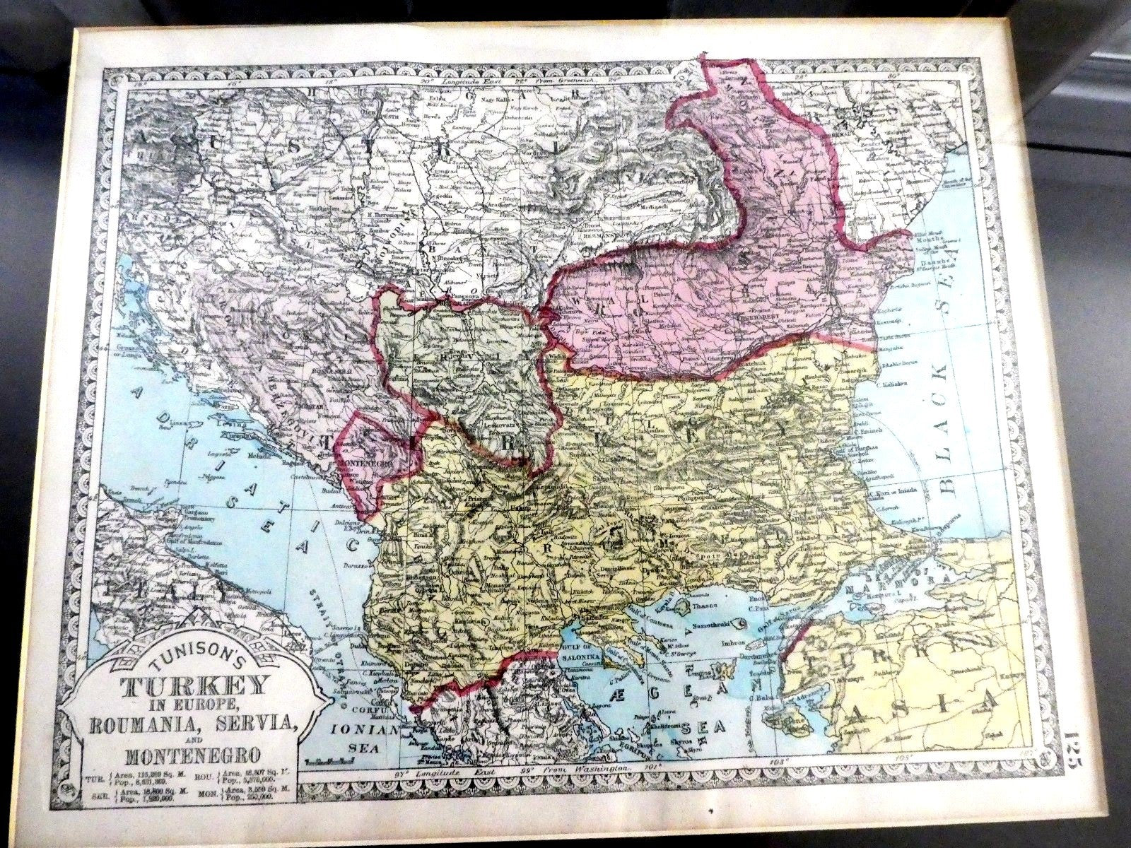 Turkey in europe map original tunison's area population 1885 vintage antique