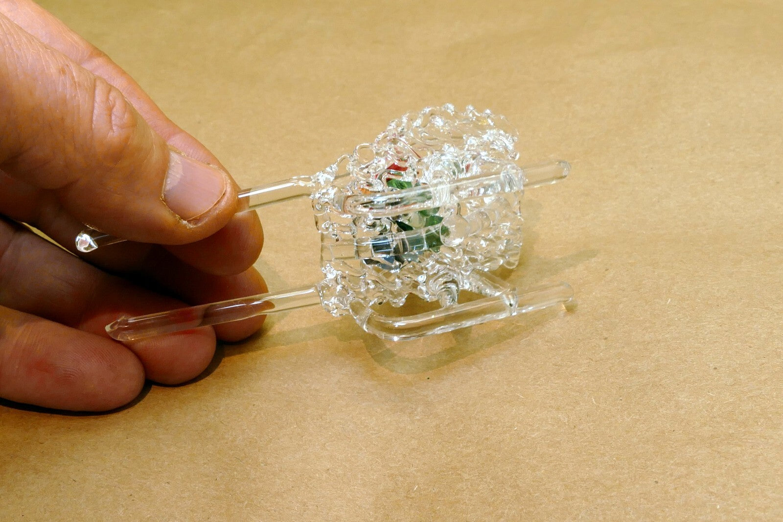 Spun Glass Crystal Christmas Ornament  Sled with Santa Claus (missing dear)