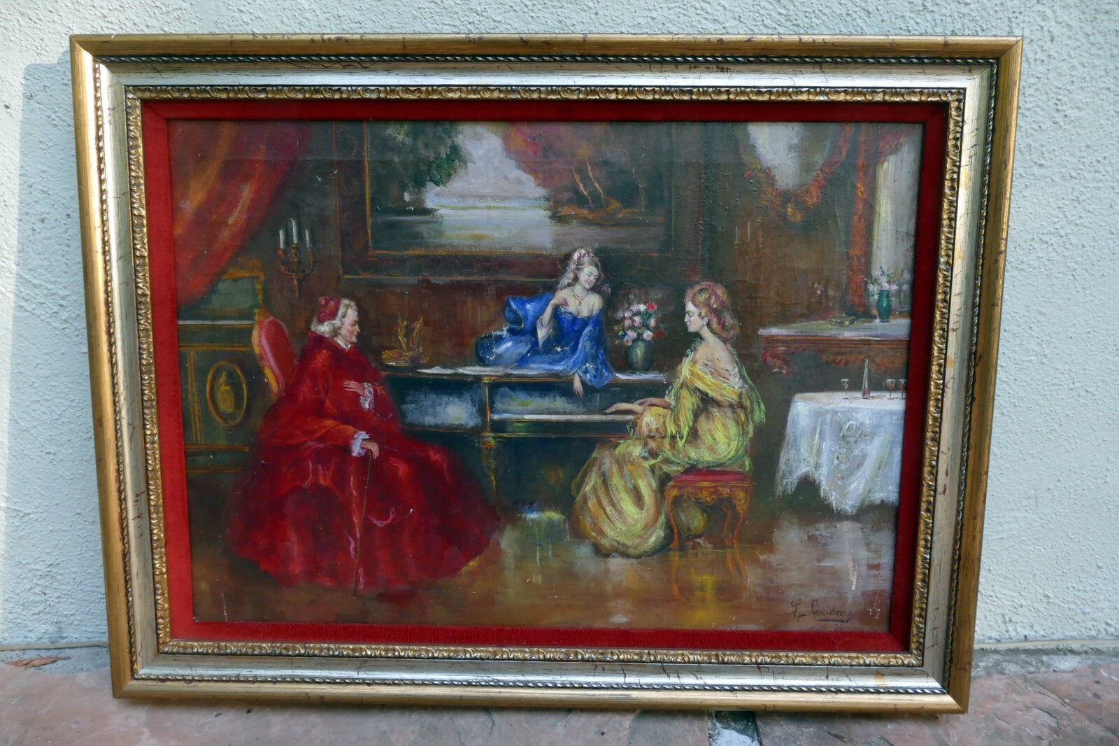 oil painting hand painted on canvas musical recital with Cardinal by R. Sanchez