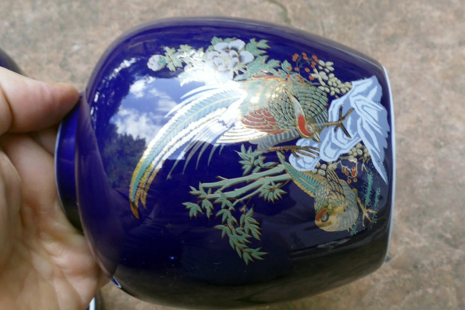 Kutani Ware Cobalt Blue Peacock/Floral Hand Painted Ginger Jar 5.5" tall 2 pack