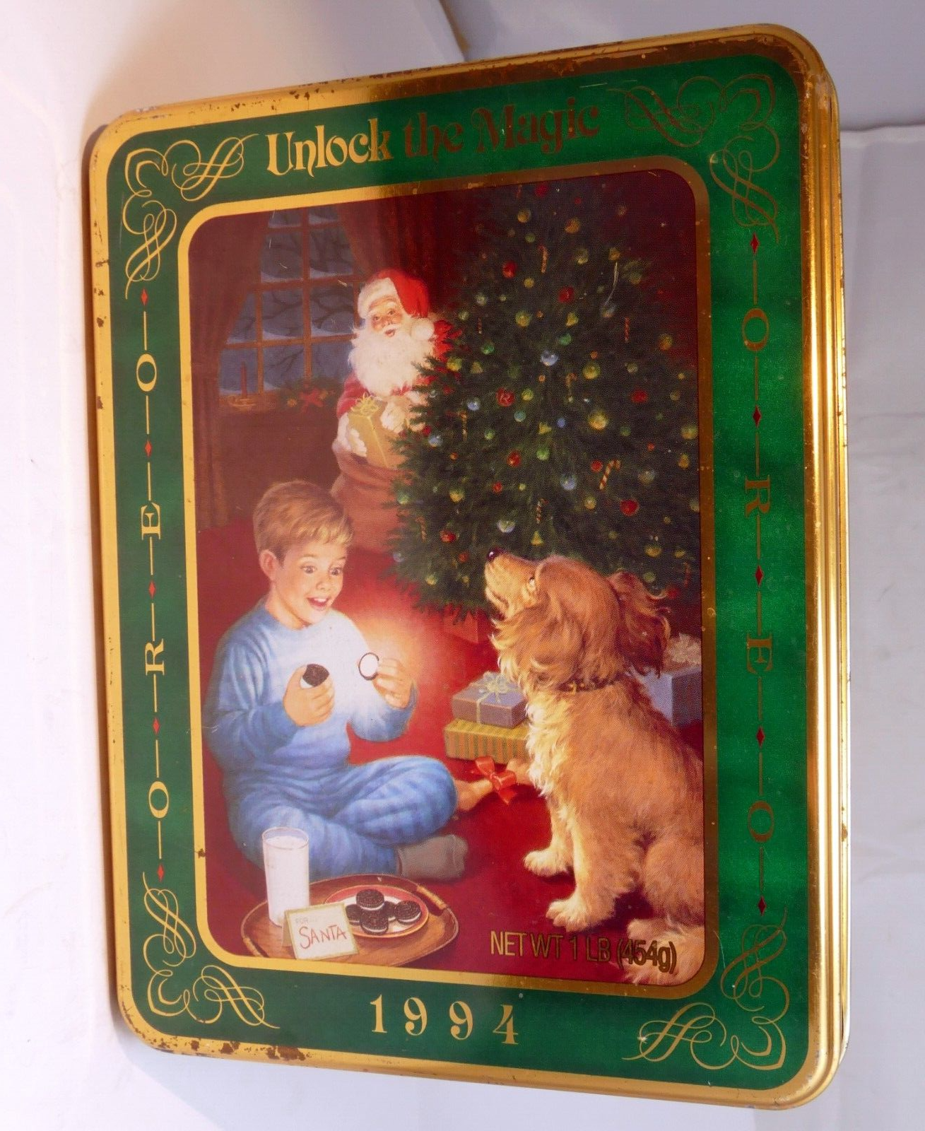 Oreo cookie christmas eve tin empty container santa claus & boy milk tray dog