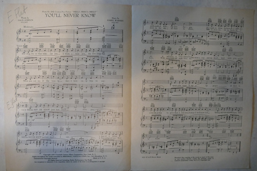 You'll Never Know, 1943 from "Hello, Frisco, Hello", Mack Gordon, Harry Warren