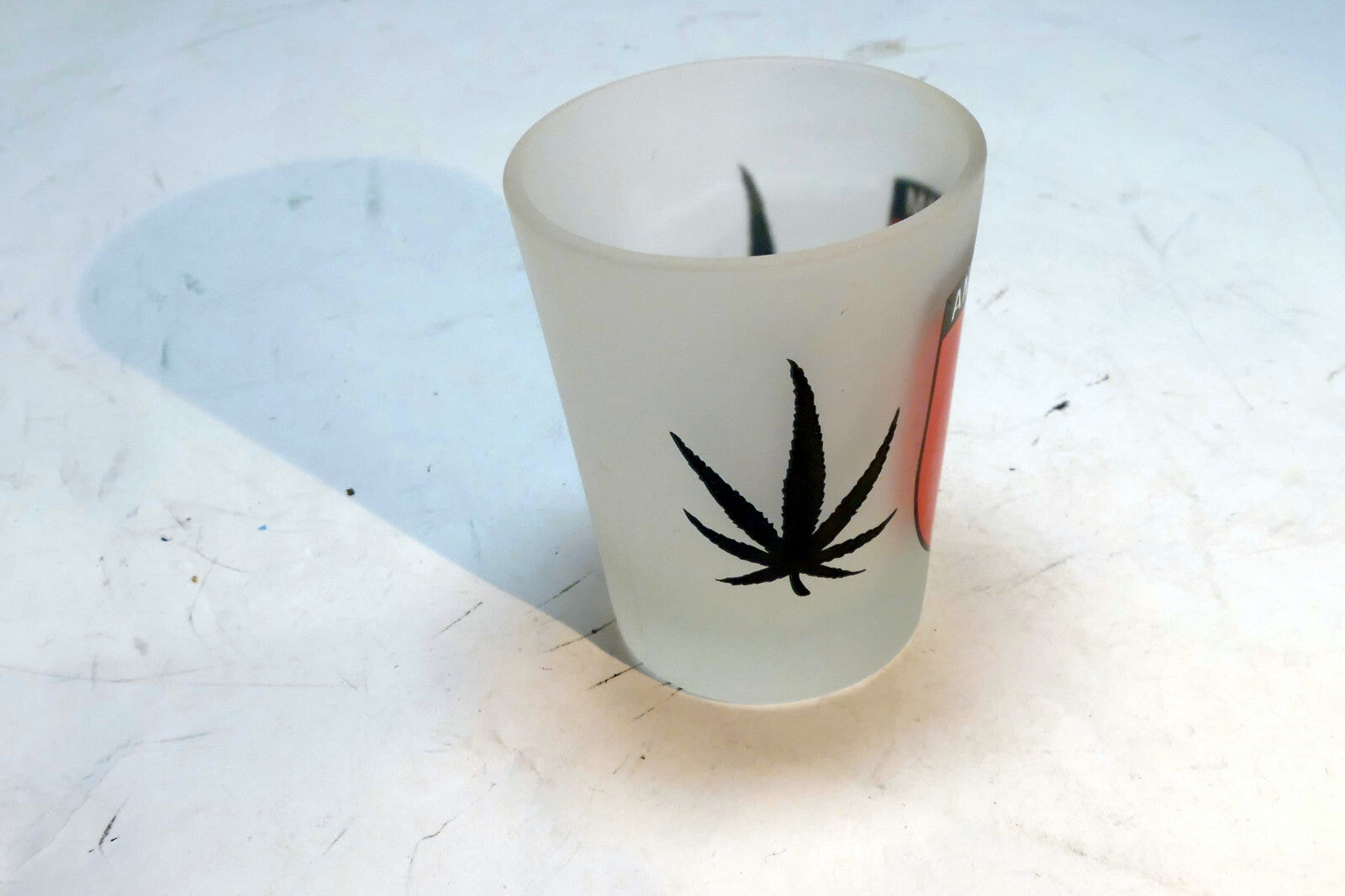 Vintage Amsterdam Shot Frosted Glass 1.5 oz with marihuana leath