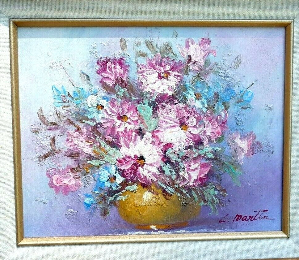 Painting oil on canvas l lupe martin pink flowers heavy texture original 8x10"