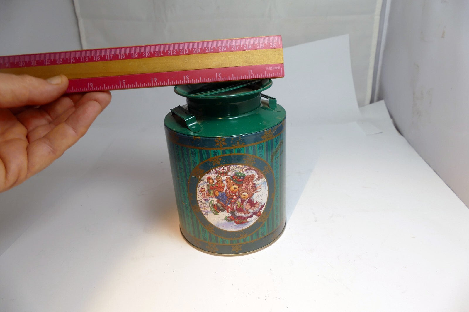 Metal Tin Christmas Round Cookie Candy Jar Container  Bear skating ice