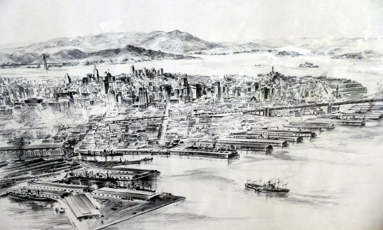 San Francisco harbor print Golden Gate Water front 1940's California USA