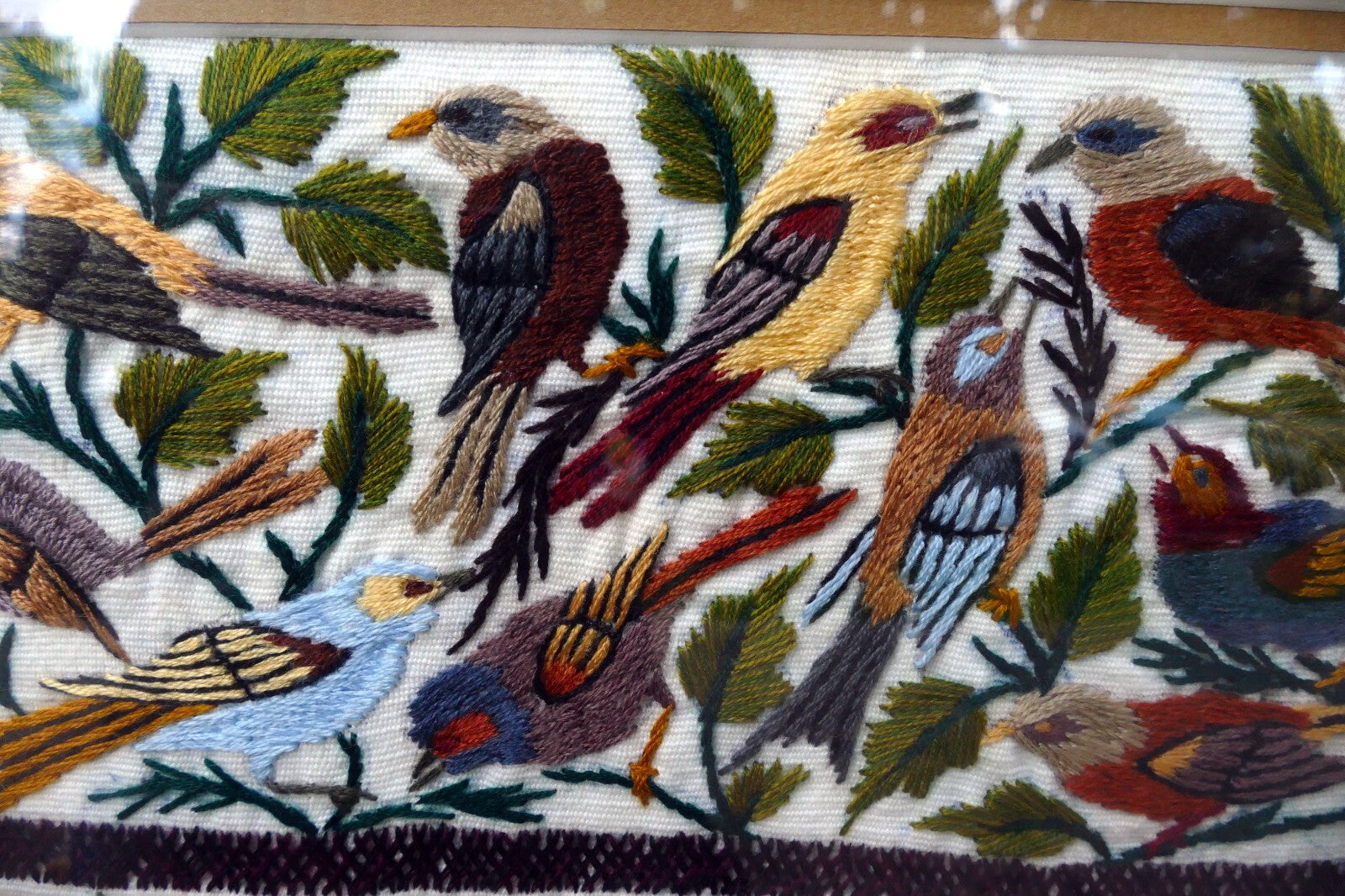 Large Bird Finch Cardinal Cross Stitch Needle Point Folk Art 15X15" Framed