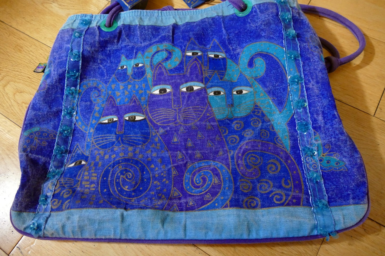 Laurel Burch Shoulder ZIPPER Top Feline Cat Friend metallic Blue Purple Handbag