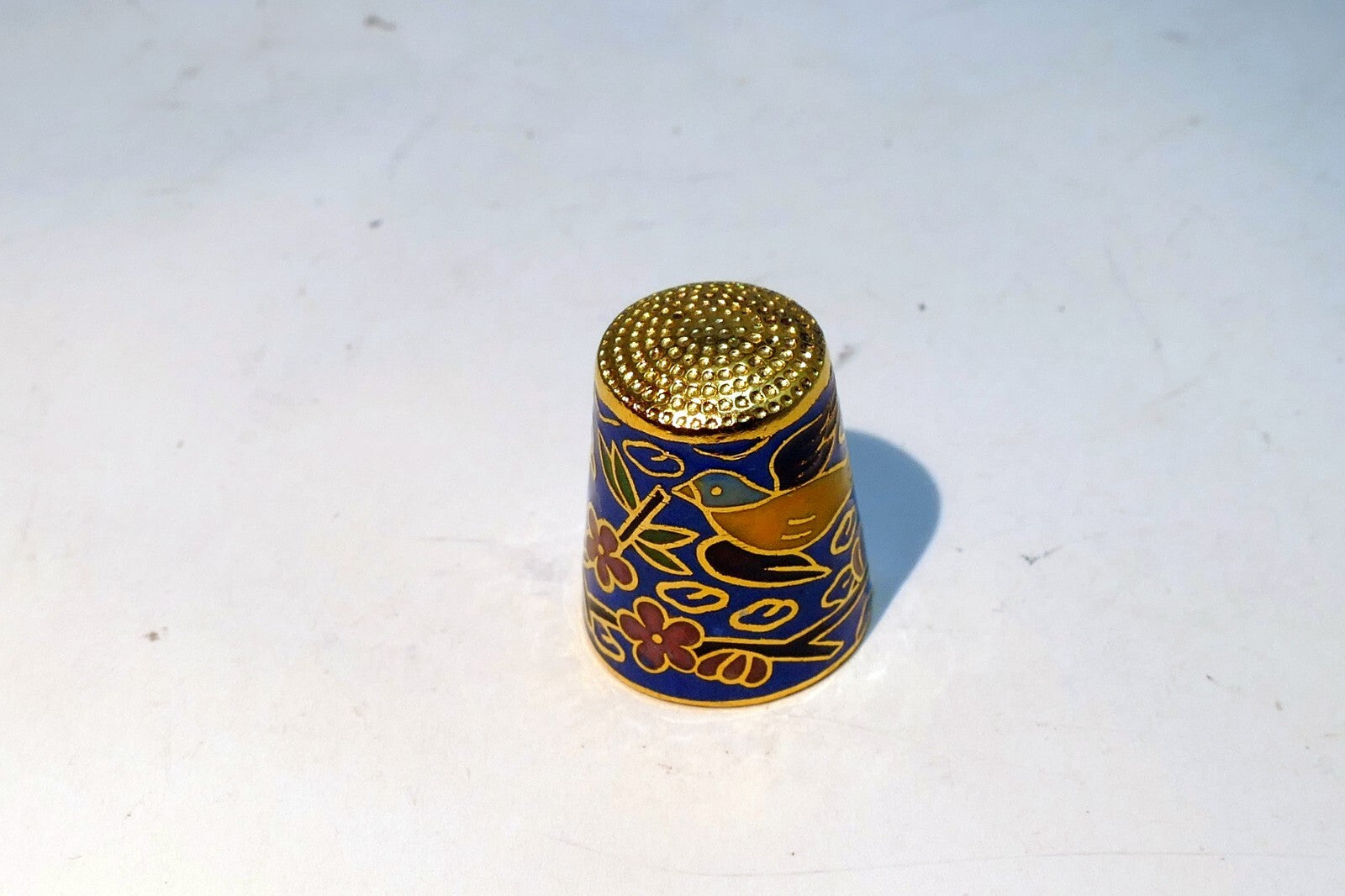 Thimble Souvenir Blue Yellow Bird Floral metal  Cloisonne Brass