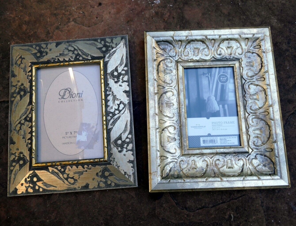 Pack of 2 glass wood picture frame 4x6 5x7" art photo floral design silver gold