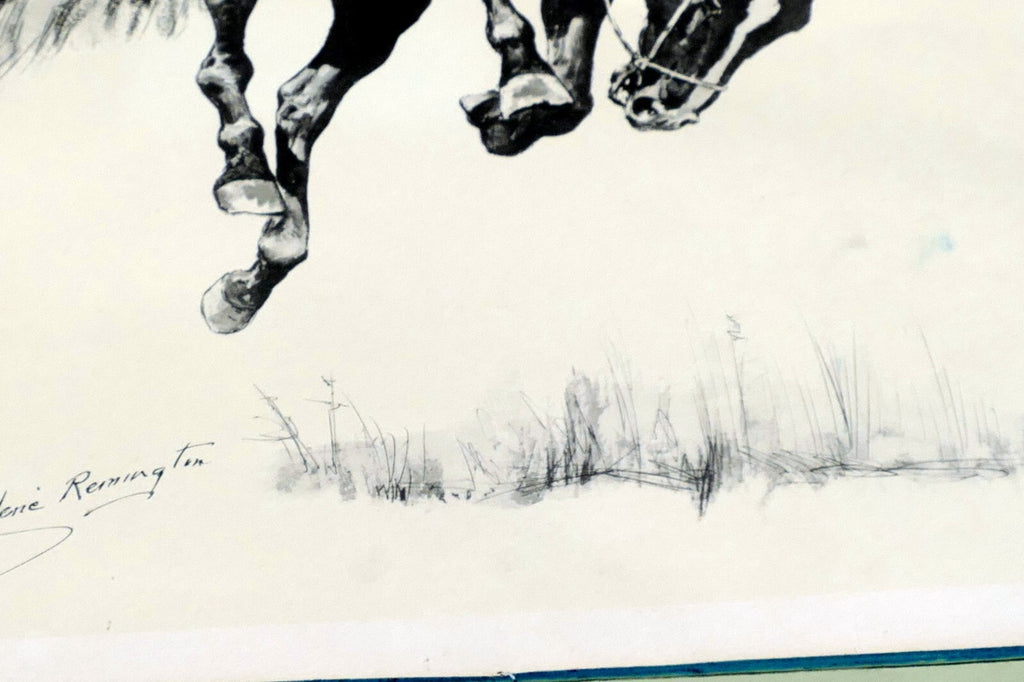 Running Bucker signed Frederic Remington cowboy on a bronco unframed 13X17"