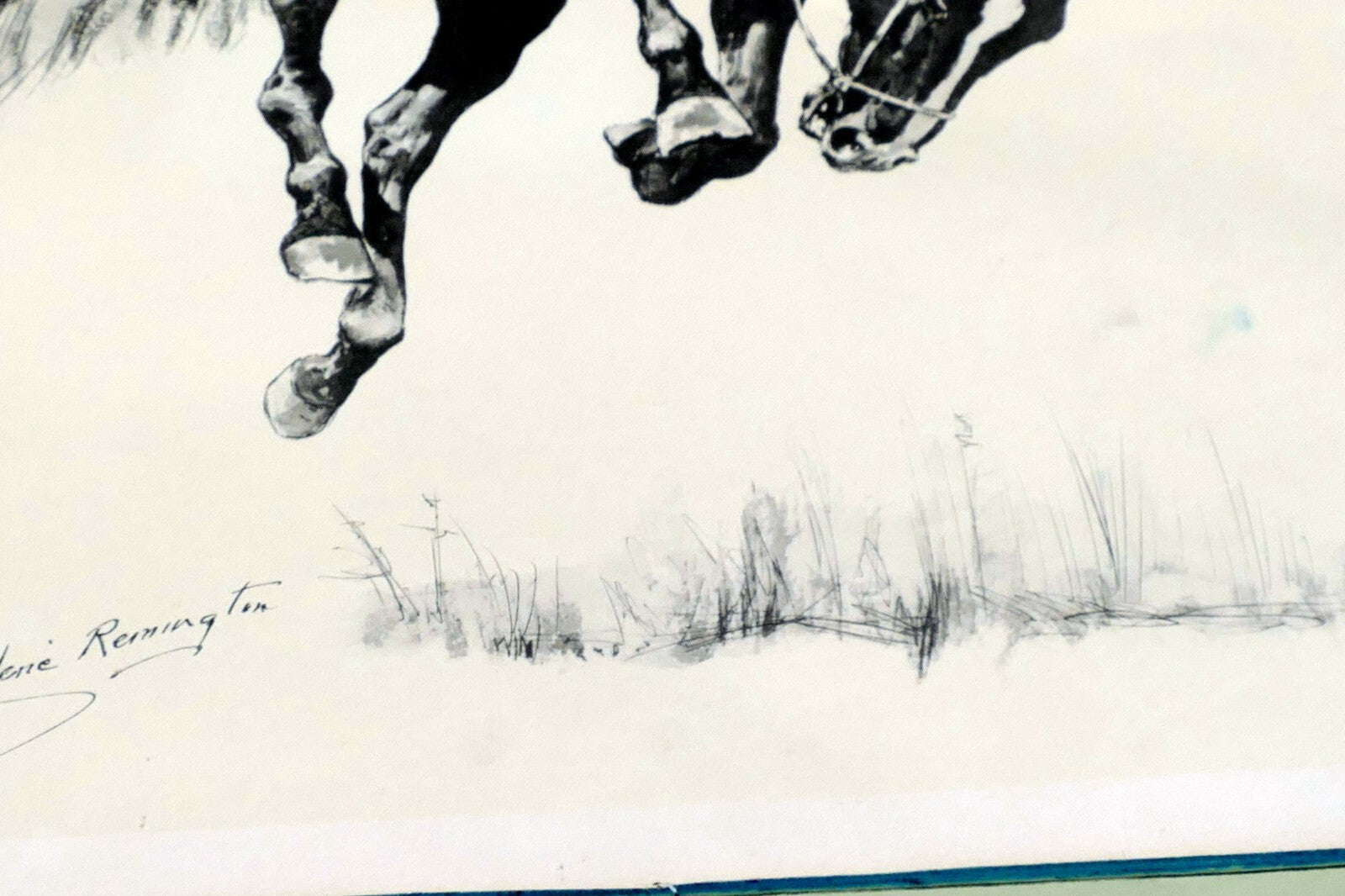Running Bucker signed Frederic Remington cowboy on a bronco unframed 13X17"