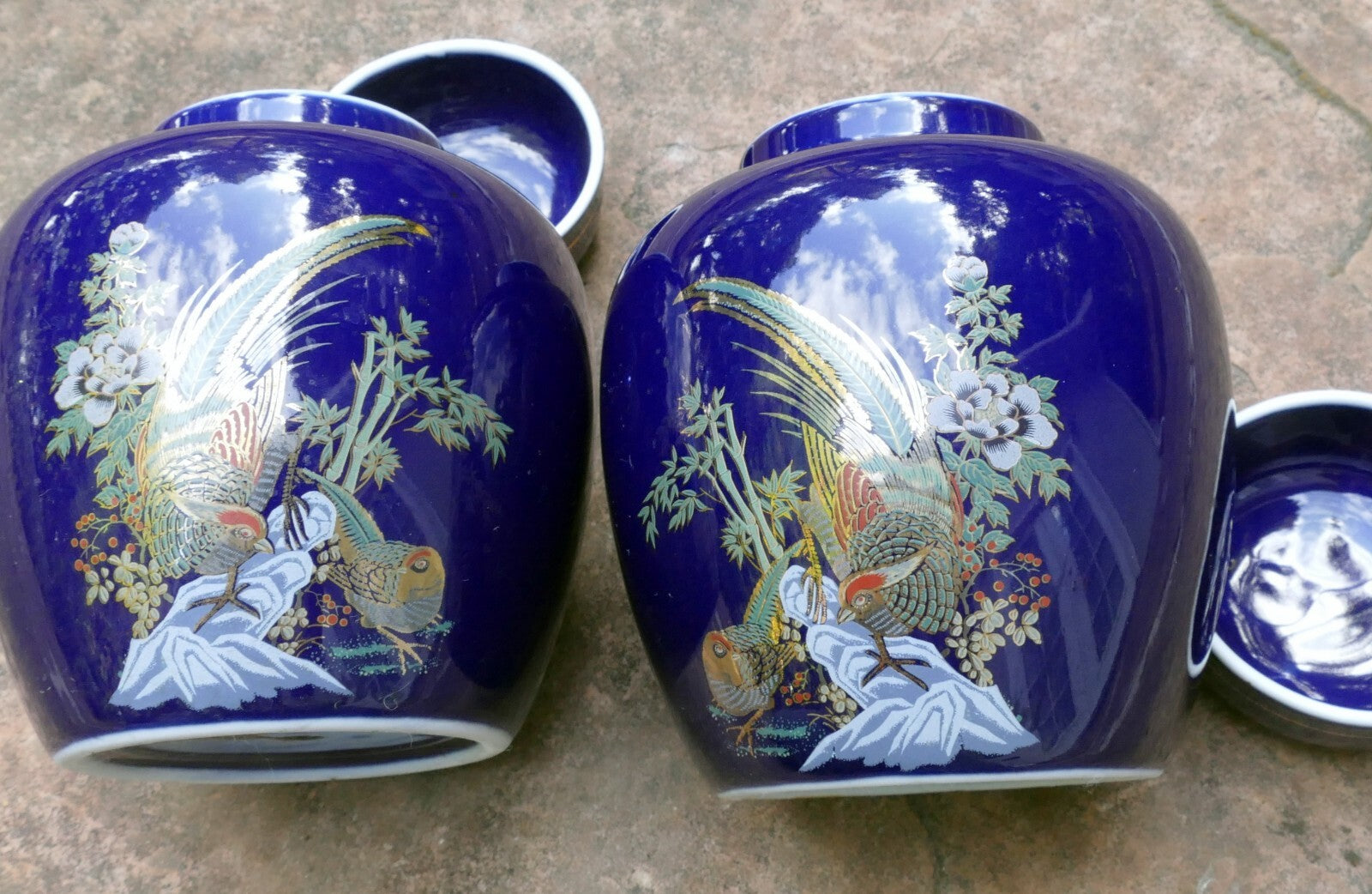 Kutani ware cobalt blue peacock/floral hand painted ginger jar 5.5" tall 2 pack