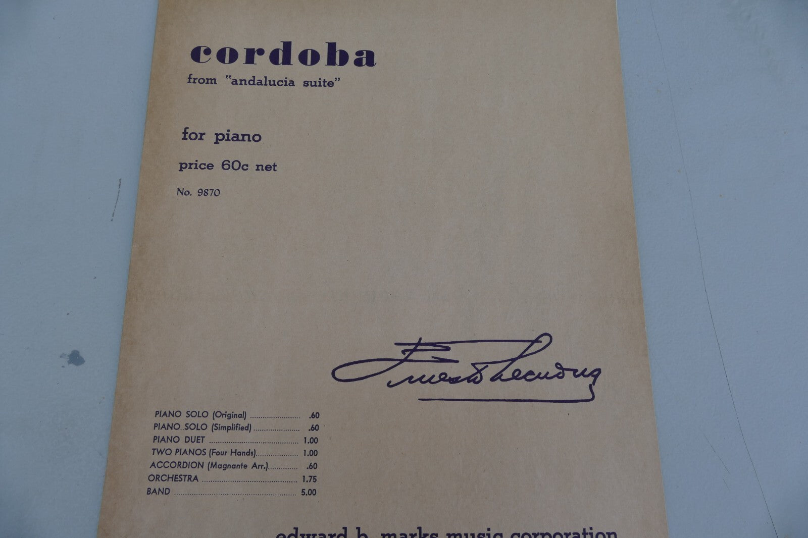 Ernesto Leguona Cordoba from Andalucia suite Sheet Music 1932
