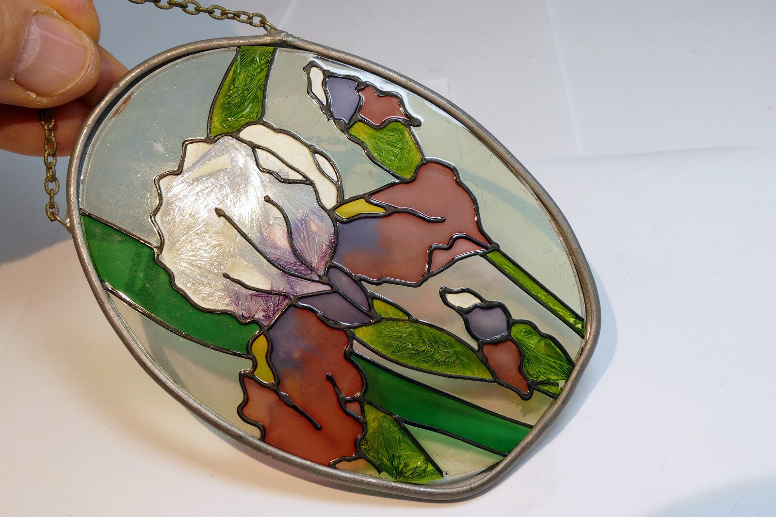 Garden Iris Flowers Stained Glass Suncatcher 5" Oval hanging sun catcher