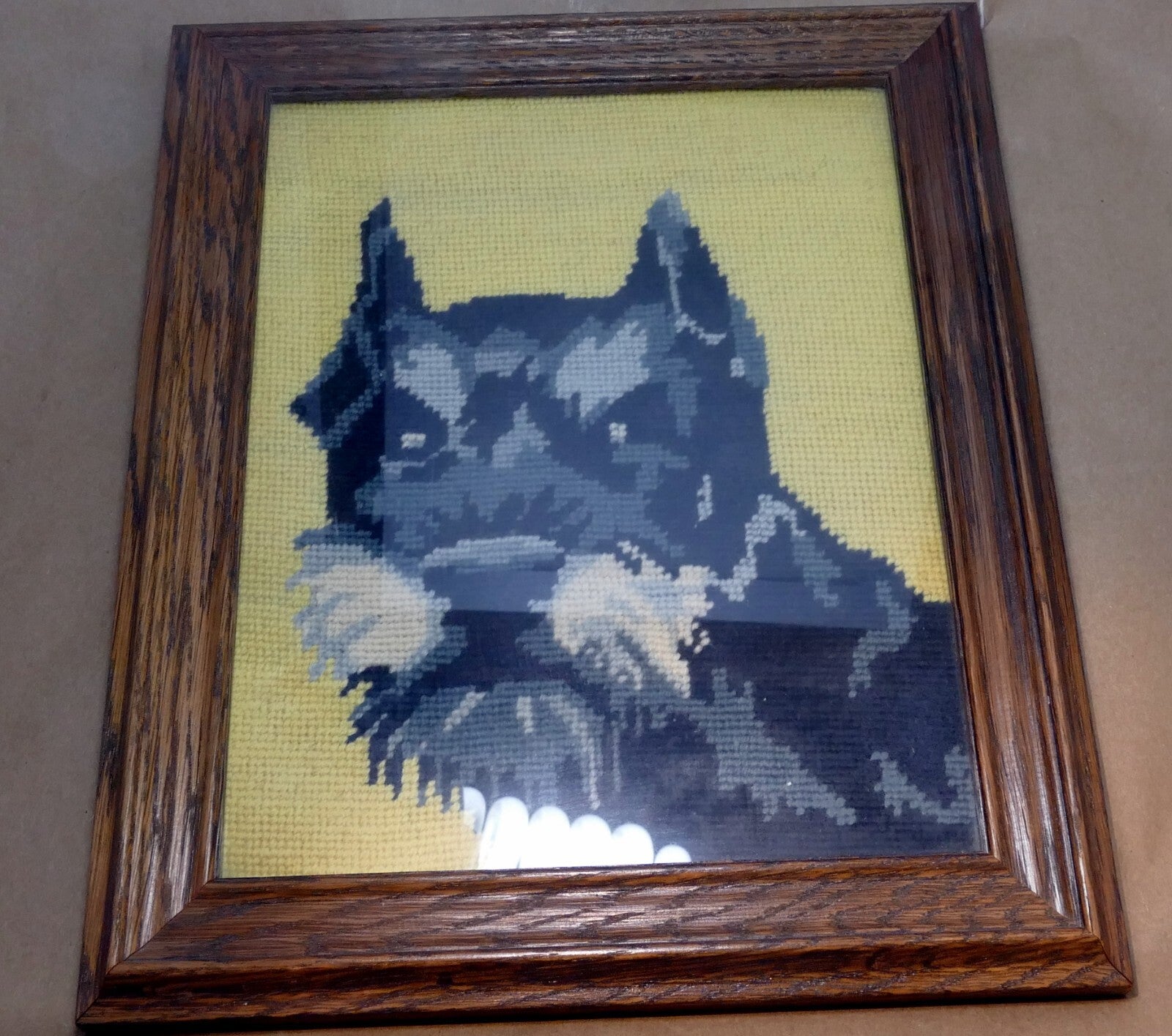 Dog schnauzer yarn needlepoint embroidered picture wall art 8x10" framed