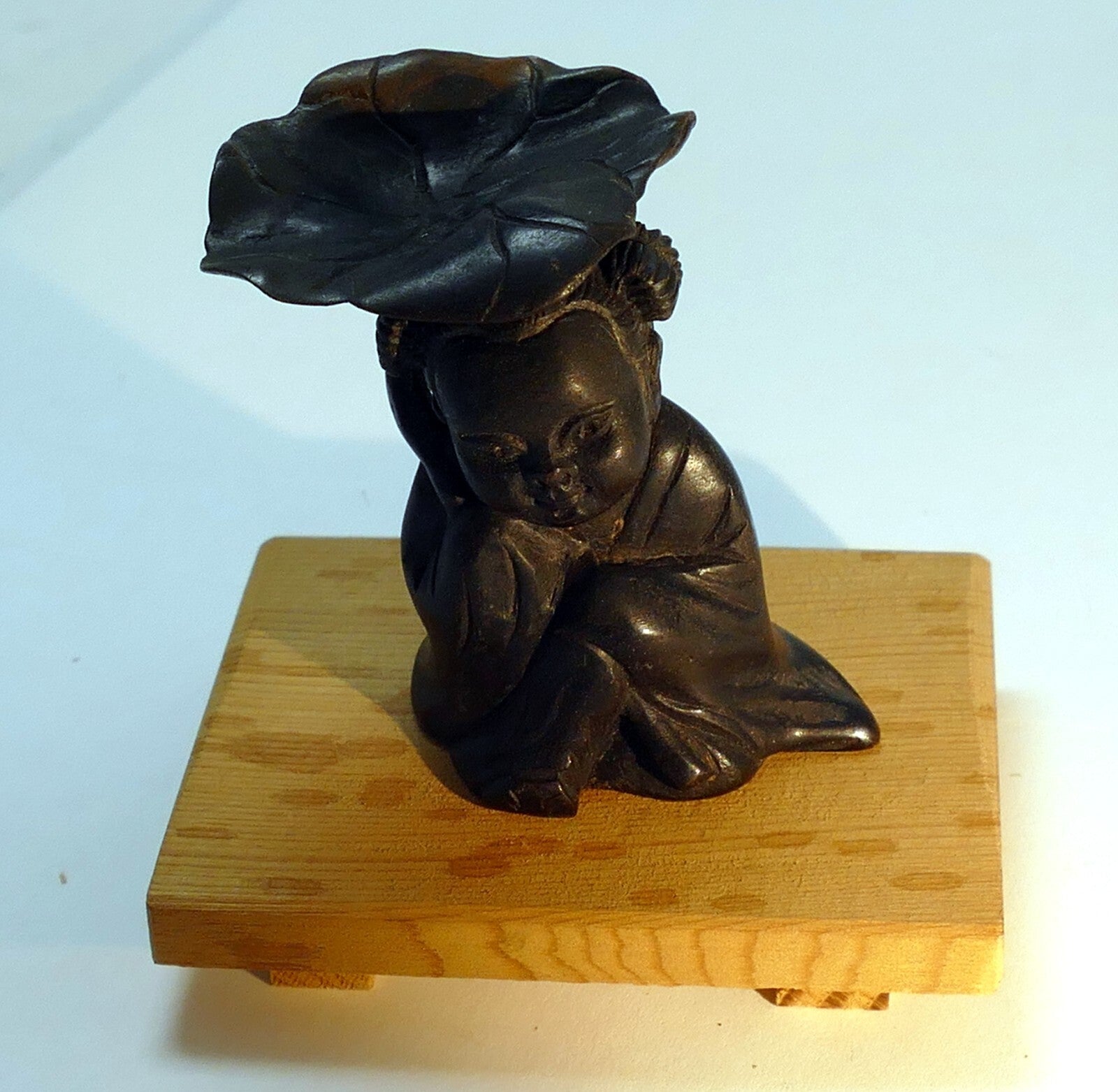 Chinese bronze statue baby child under lotus leaf scroll weight ming