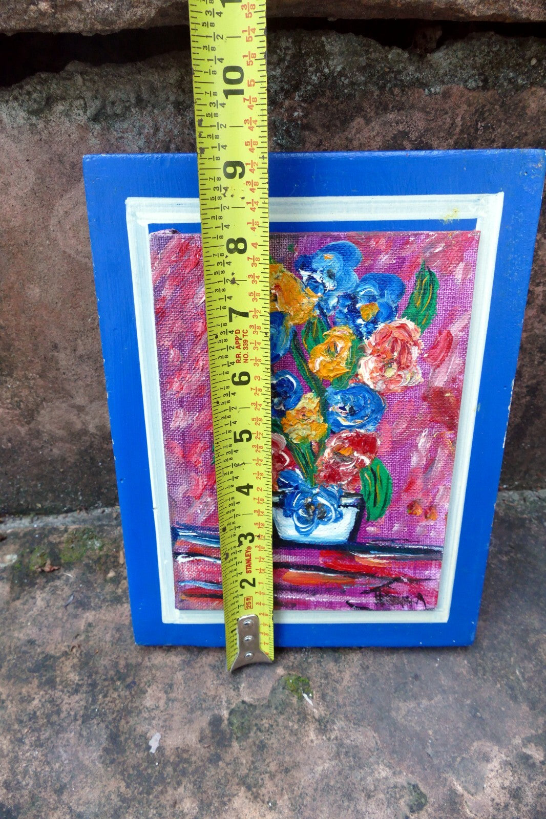 Oil Painting of  Blue Yellow Flowers Bouquet Vase Signed Minna 5X7" small