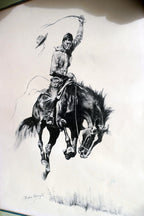 Running Bucker signed Frederic Remington cowboy on a bronco unframed 13X17"