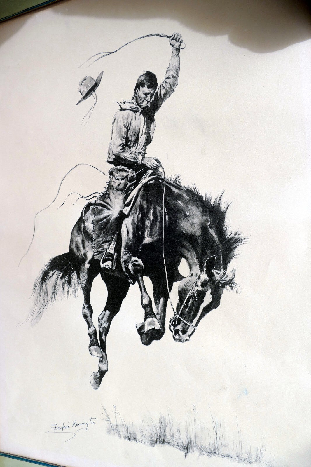 Running Bucker signed Frederic Remington cowboy on a bronco unframed 13X17"