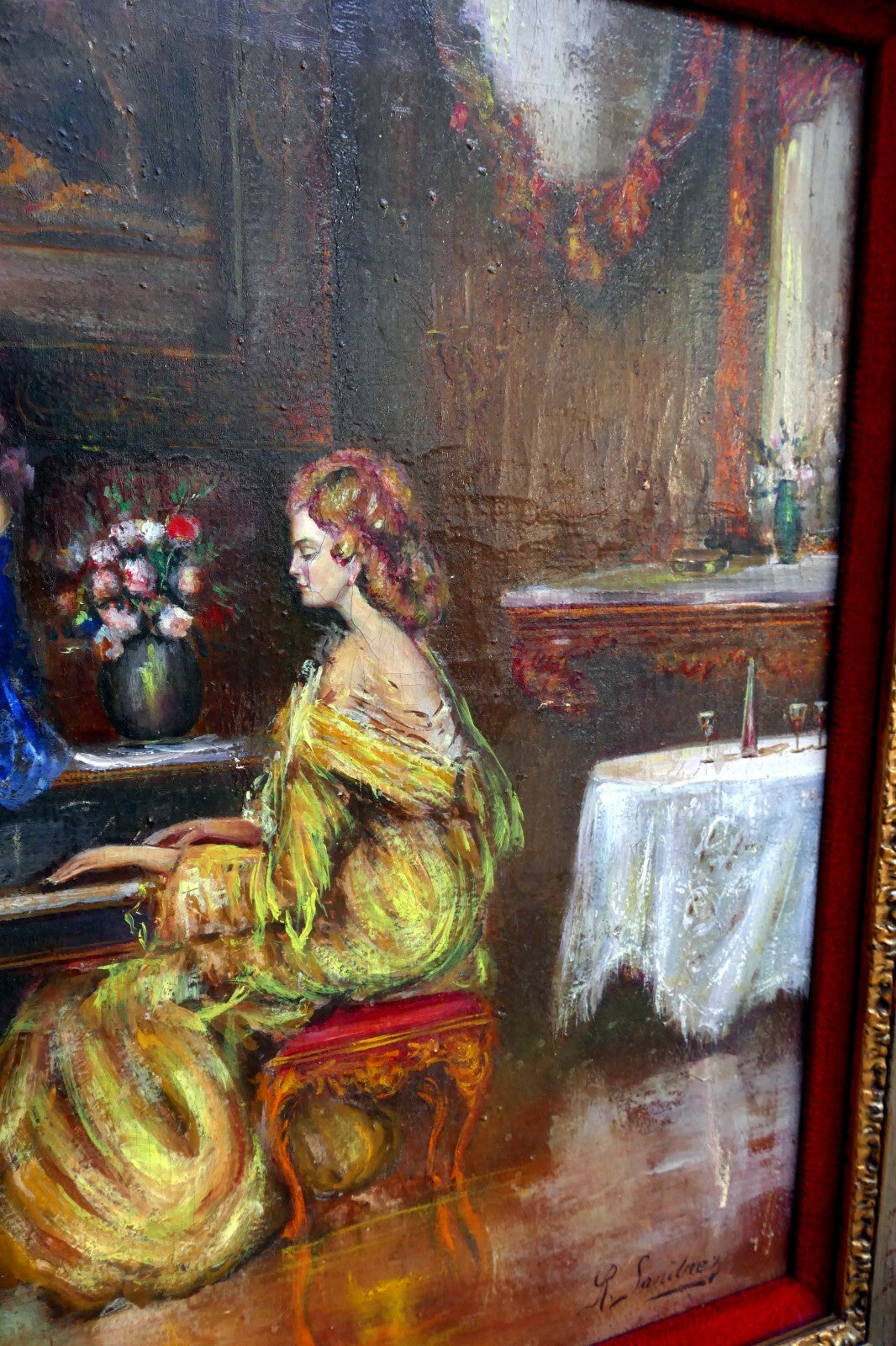 oil painting hand painted on canvas musical recital with Cardinal by R. Sanchez