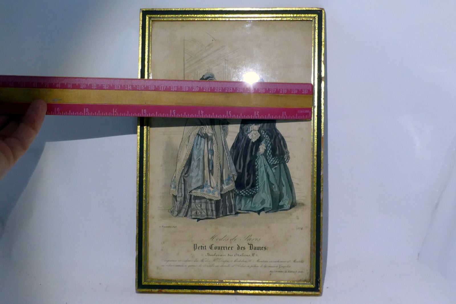 French Antique 1843 Hand coloured engraving Petit Courier des Dames Modes Paris