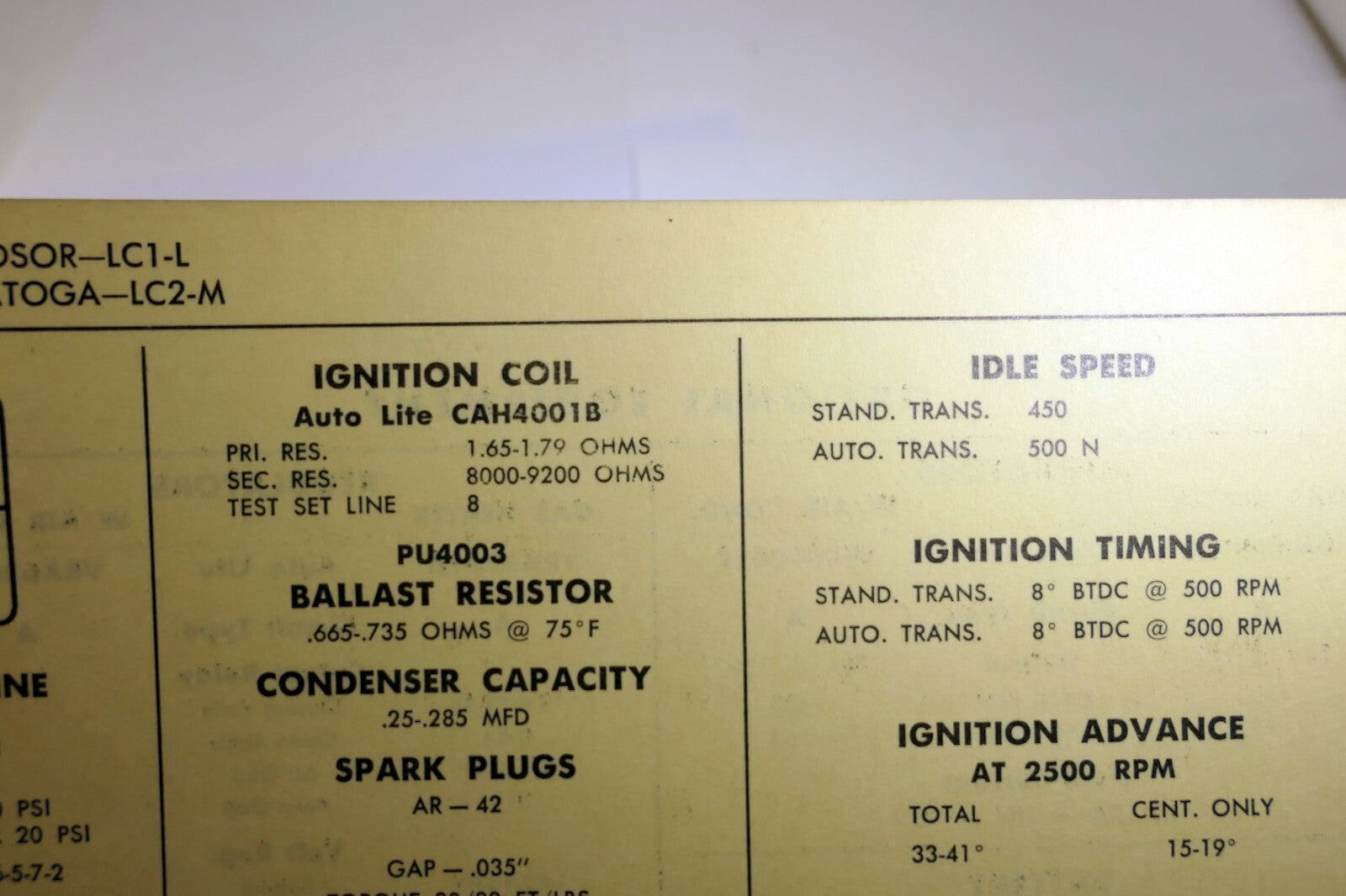 1958 Chrysler Windstar LC1-L Saratoga LC2-M Sun Electric Car Specs Sheet Chart