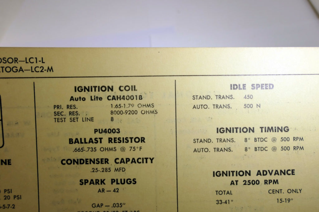 1958 Chrysler Windstar LC1-L Saratoga LC2-M Sun Electric Car Specs Sheet Chart
