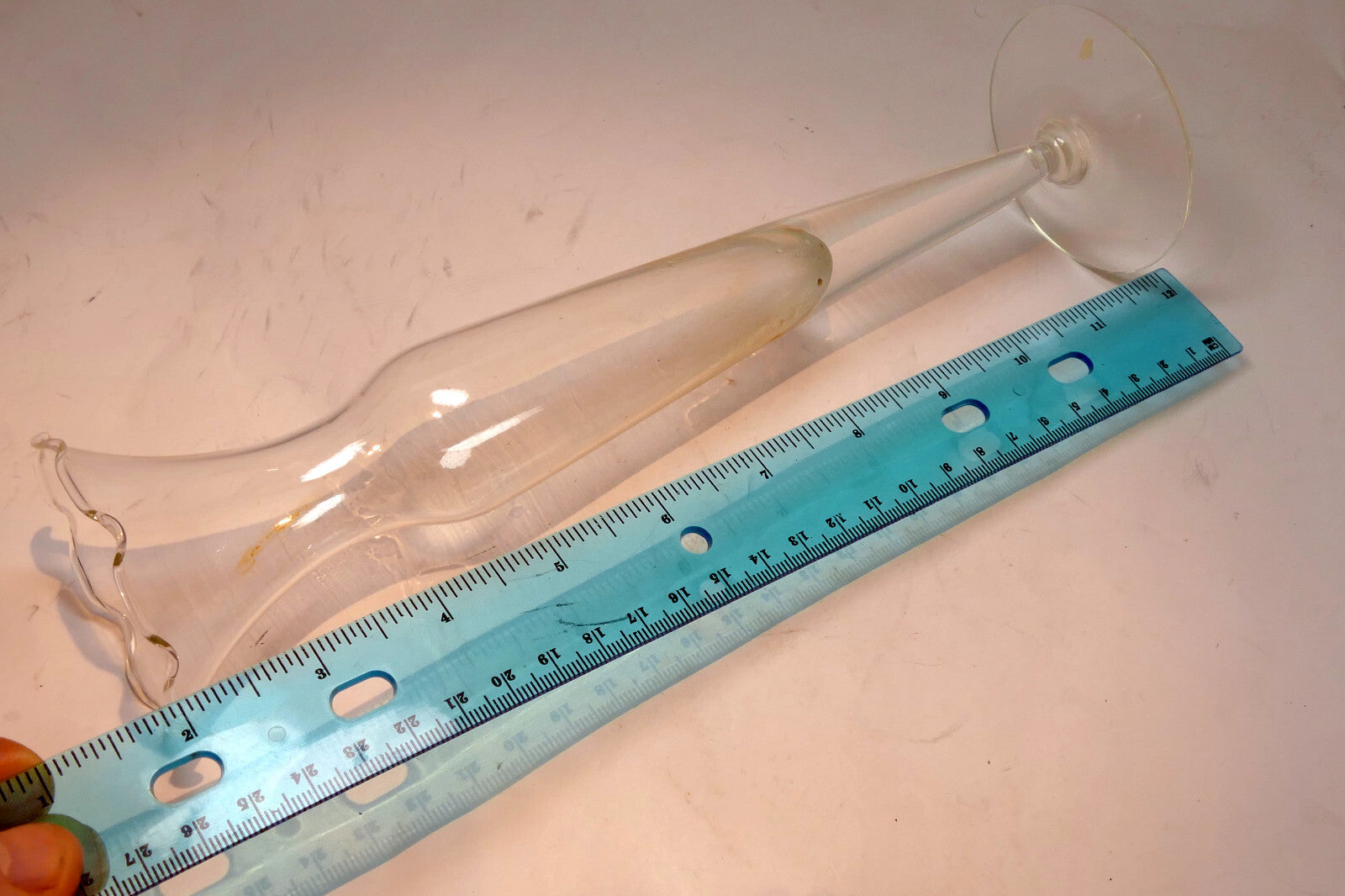 MCM Floral Etched Glass Footed 10" Bud Vase Ruffled Top - vintage