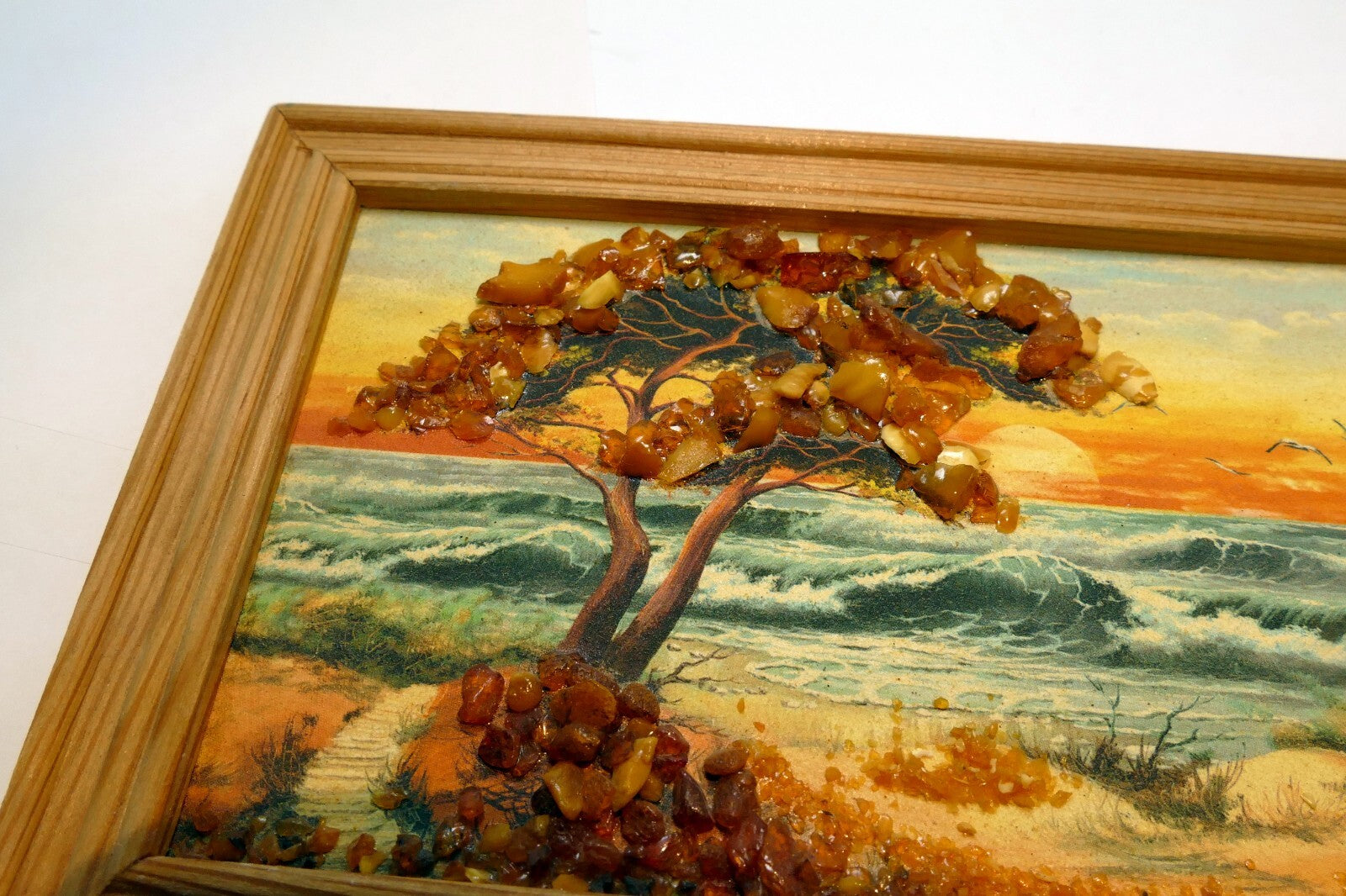 AMBER PAINTING BALTIC Sea Seascape Landscape Tree Waves Sky Sunset gull birds