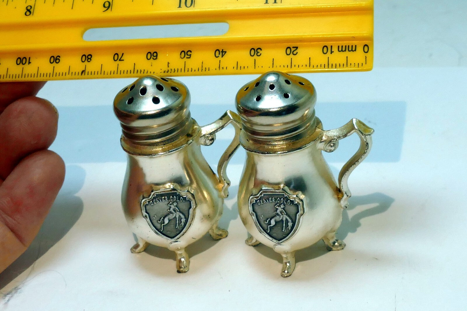 Cast iron Salt & Pepper Shaker Souvenir Of Denver Colorado Rider & Bronco  USA