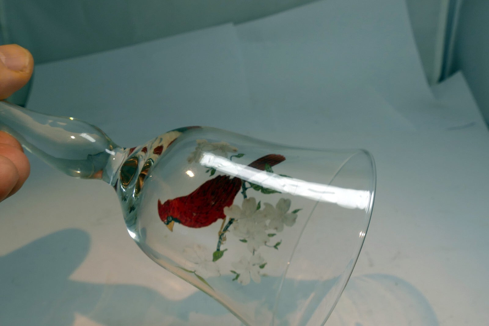 Art Glass Bell Glass Northern Cardinal &white Blossoms 6" Hand Painted Decor