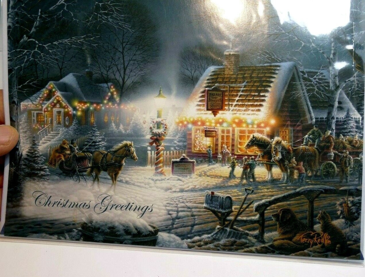 Christmas card season's greeting vintage home snow winter horse sleigh dog kids
