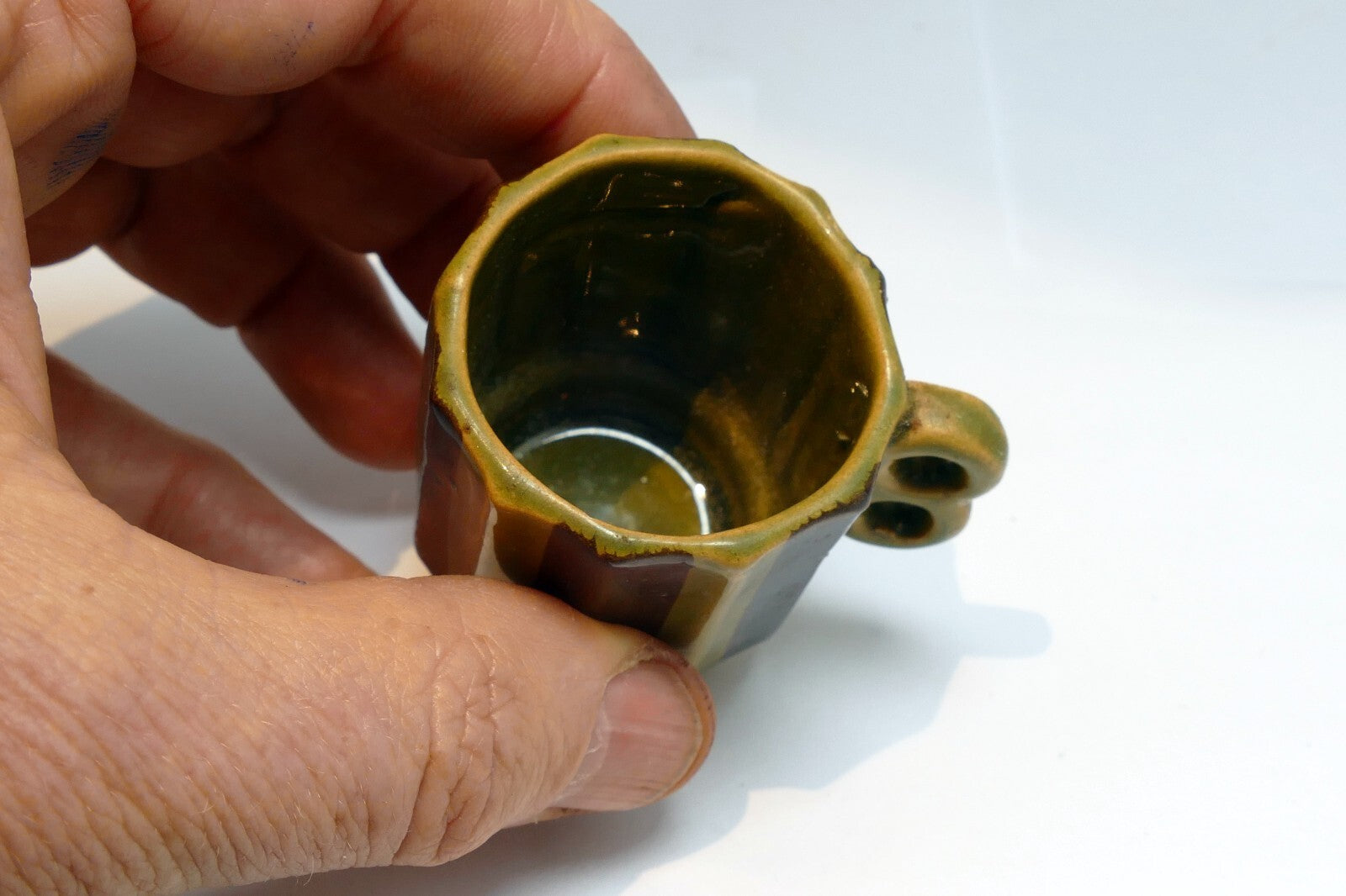 Green Japanese Stacking Double-Handled Coffee/Tea Cup Lines small 2" green brown