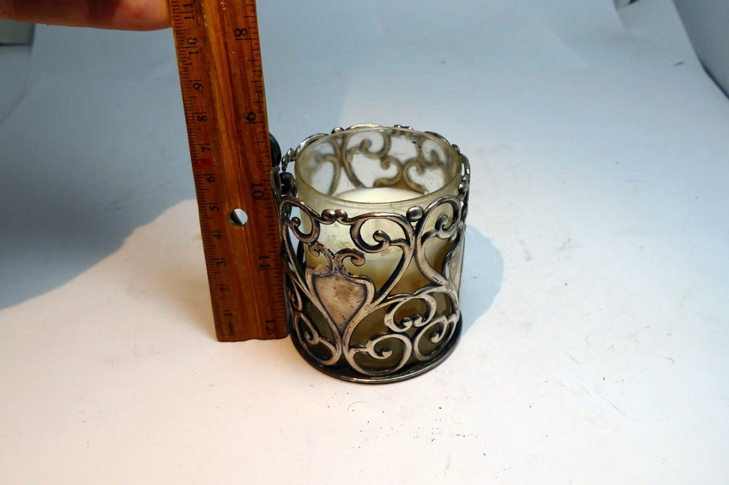 Small Metal Footed Votive Candle Holder with heart Handles floral design  2.5"
