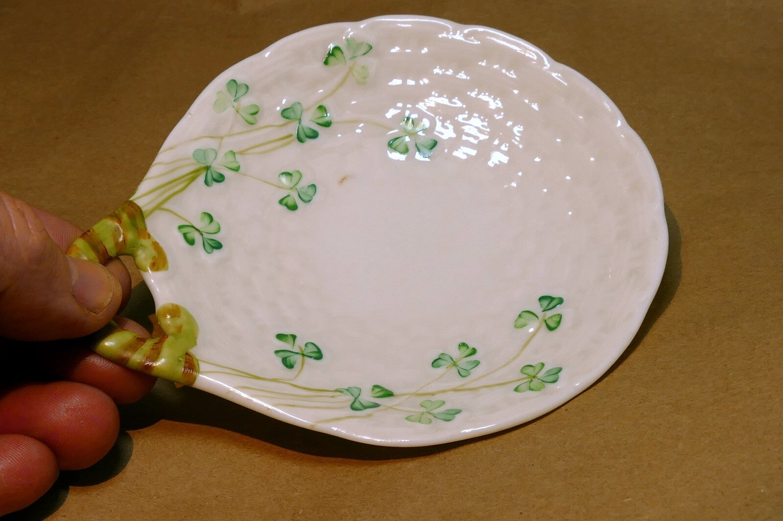 Belleek Ireland  clover shamrock butter plate spoon rest porcelain