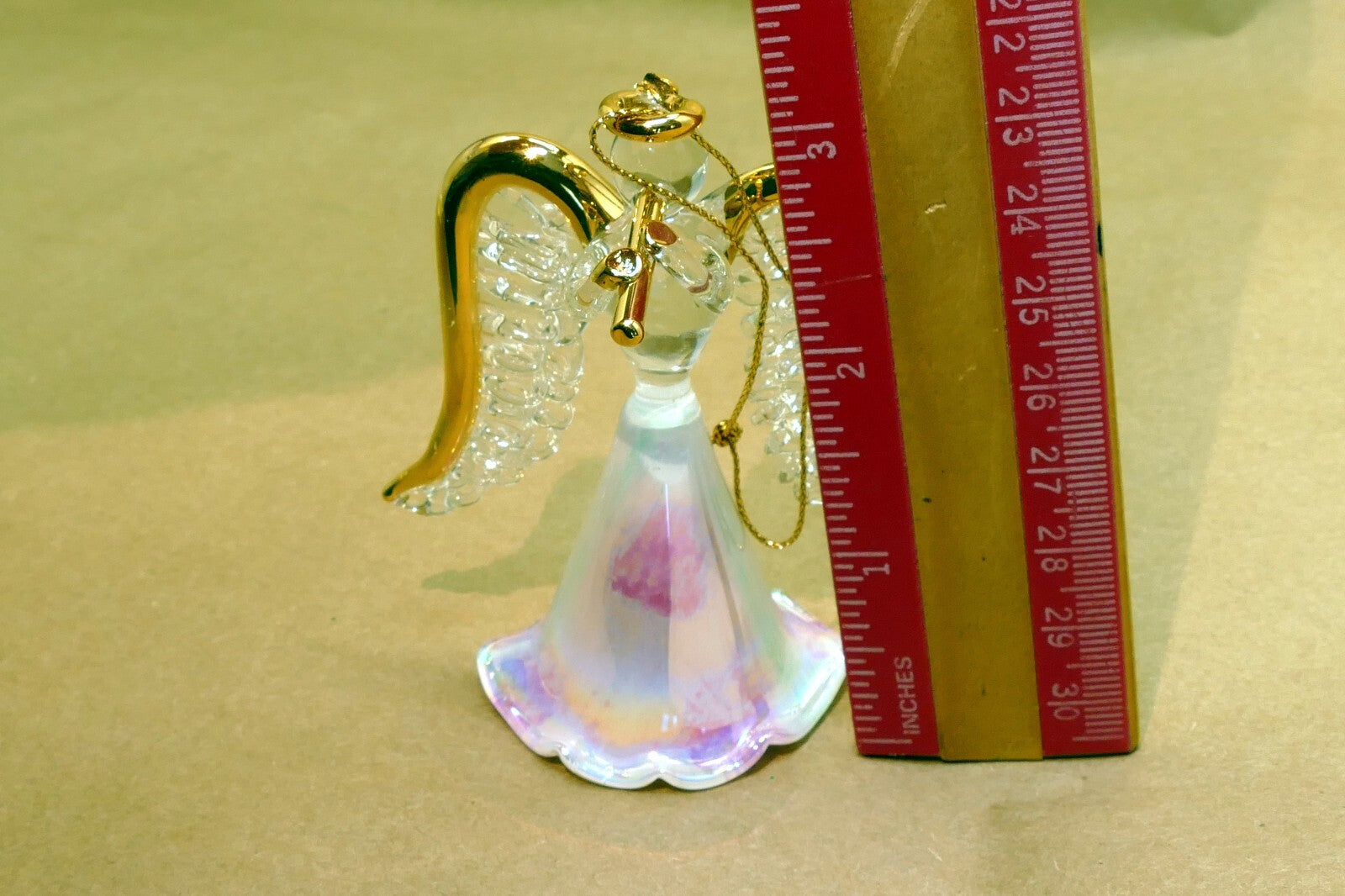 Spun Glass Crystal Christmas Ornament  Angel Gold with trumpet
