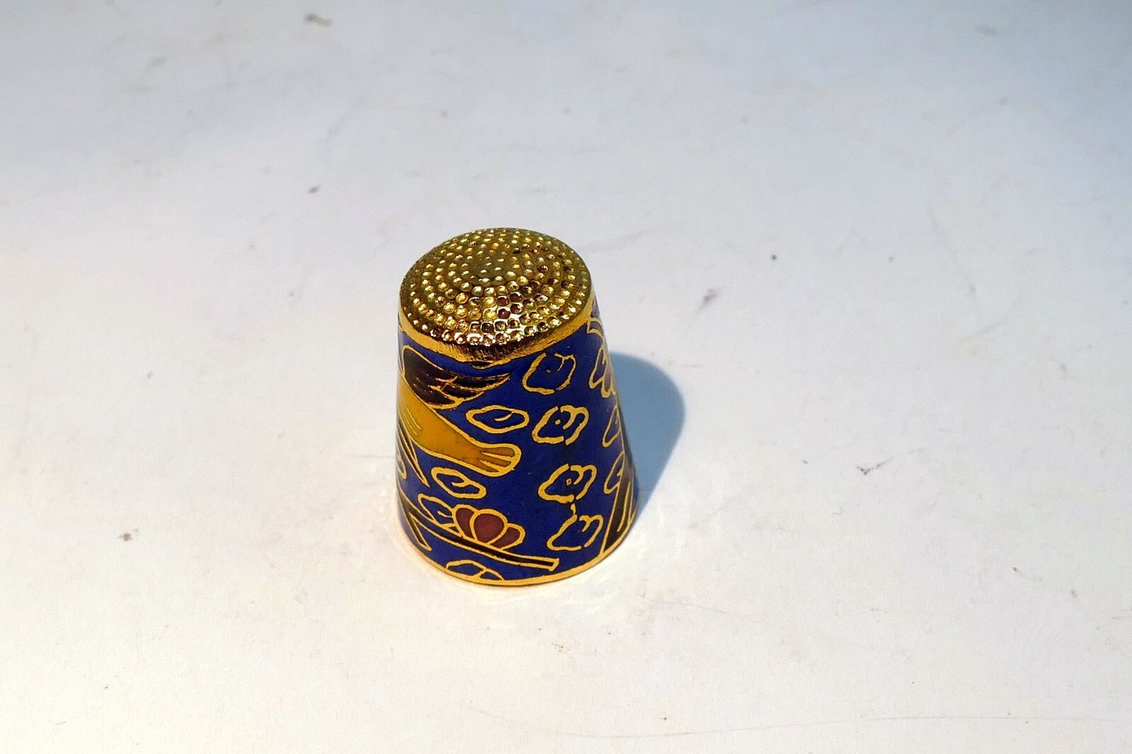 Thimble Souvenir Blue Yellow Bird Floral metal  Cloisonne Brass