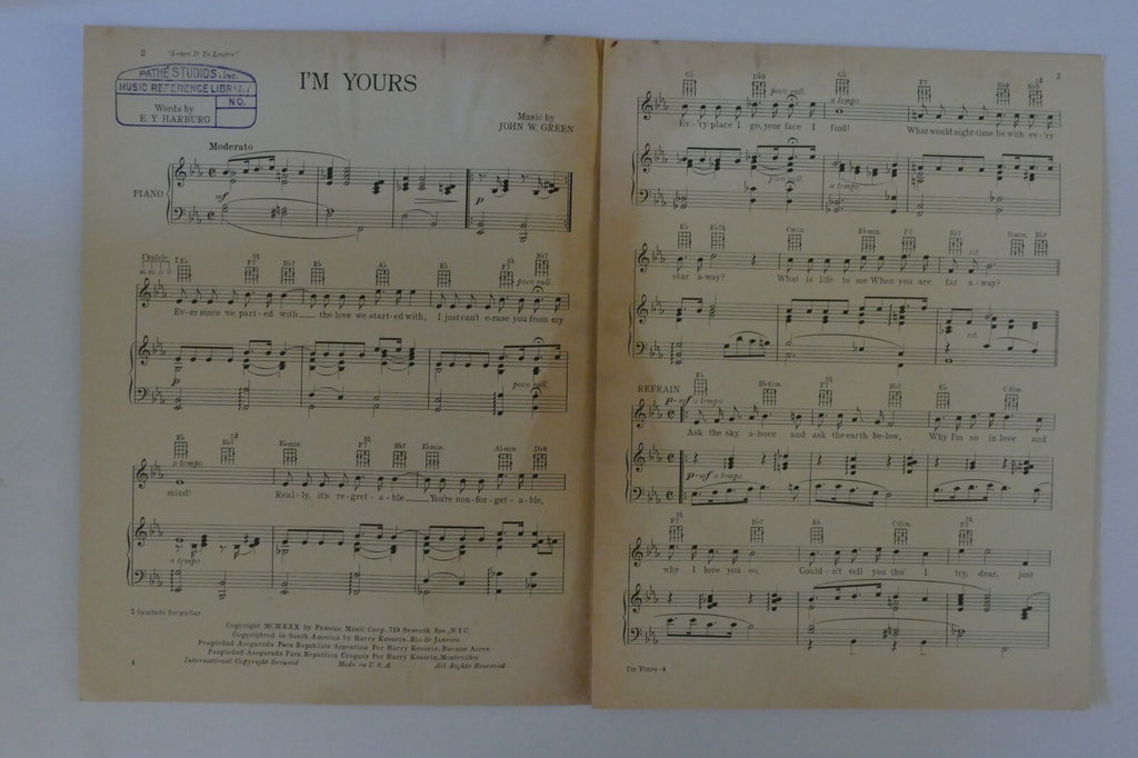 I'm Yours, 1930, from "Leave It To Lester" by John W. Green and E. Y. Harburg,