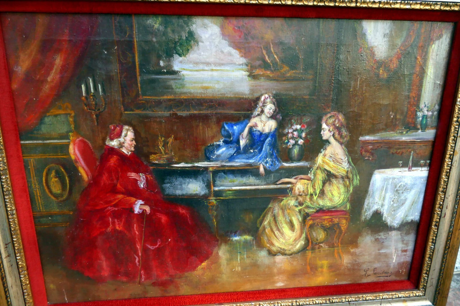 oil painting hand painted on canvas musical recital with Cardinal by R. Sanchez