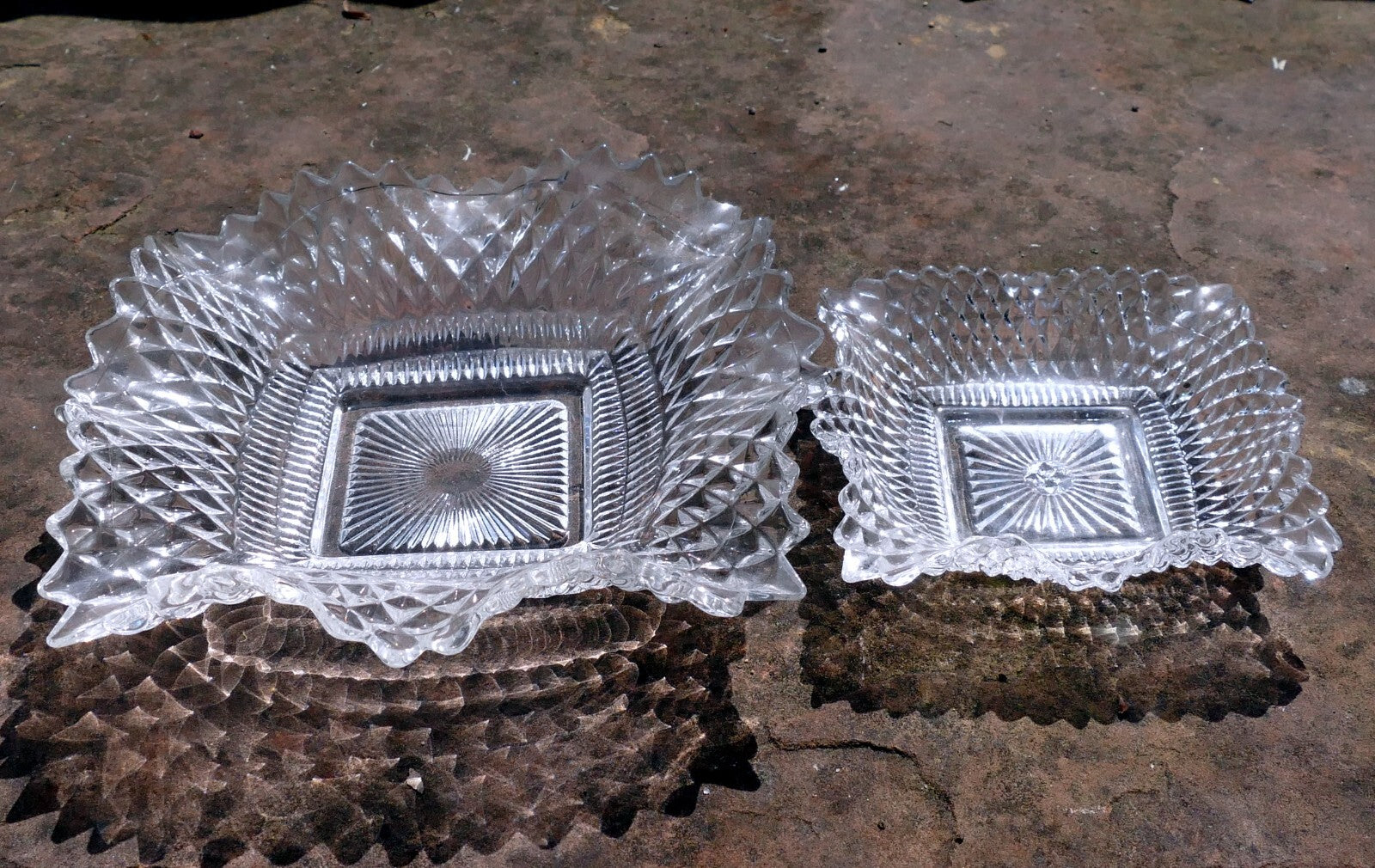 Set of 2 clear depression glass diamond point ruffle edge candy/nut dish