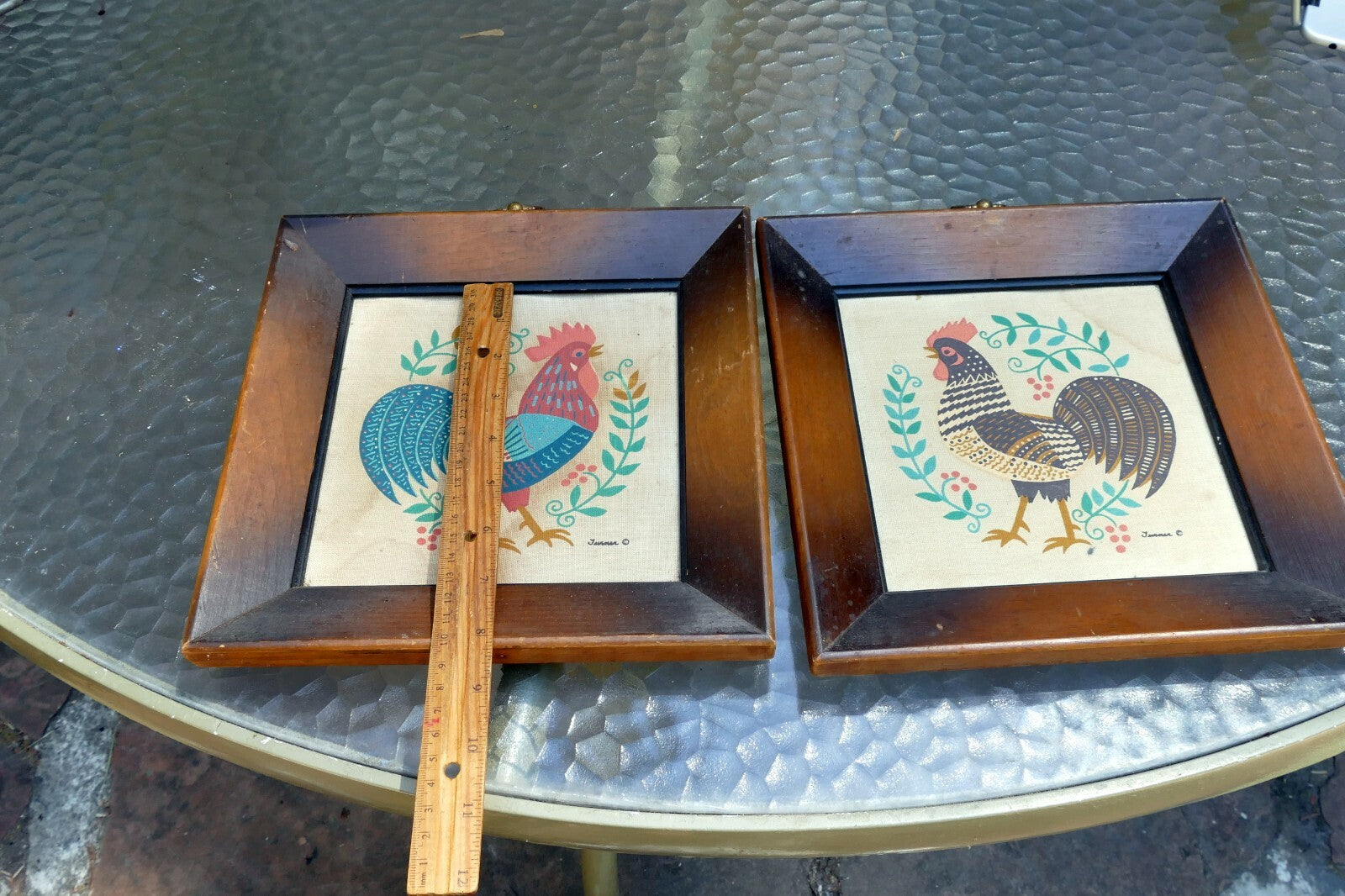 Set of two Rooster On Cloth Wood Framed Turner Co 1970 Home decor picture bird