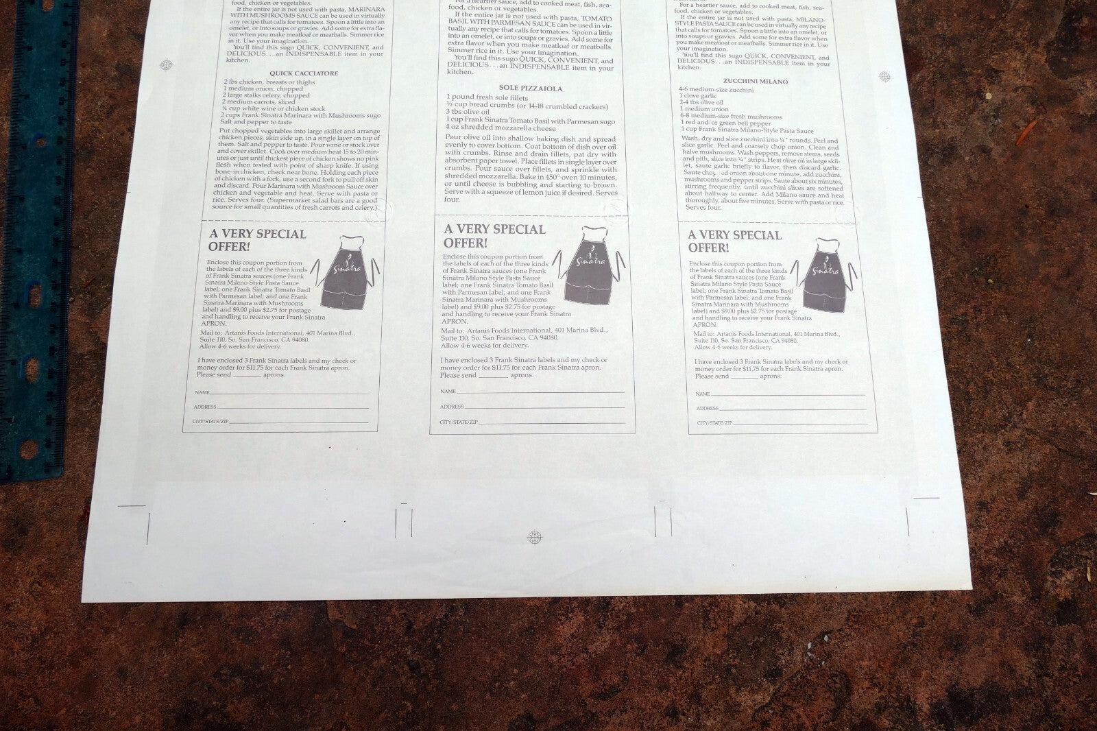 RARE Un-USED 1989 Sugo Da Tavola FRANK SINATRA'S PASTA SAUCE LABEL - set of 3
