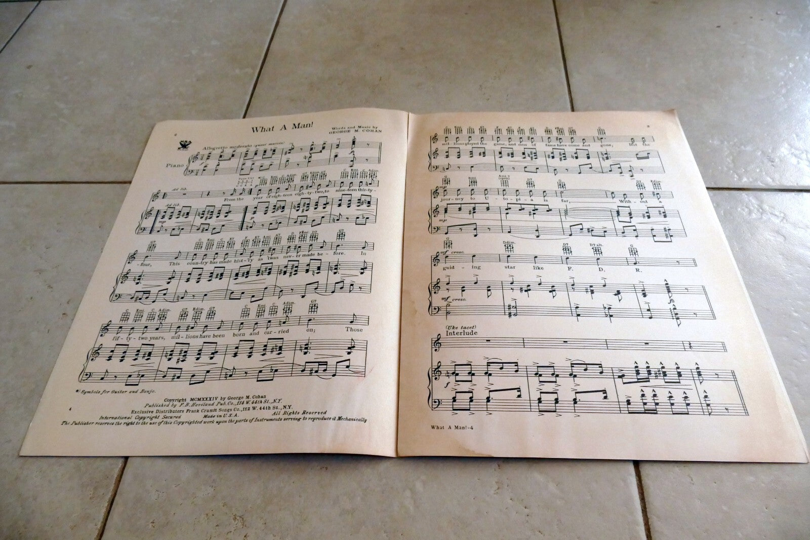 What a Man by George Cohan 1934 Music Sheet dedict. President Franklin Roosevelt